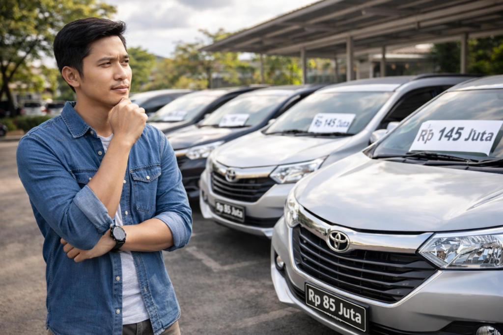 Calon pembeli sedang melihat dan membandingkan harga Toyota Avanza bekas di dealer mobil, sebagai ilustrasi artikel tentang harga pasaran mobil bekas.